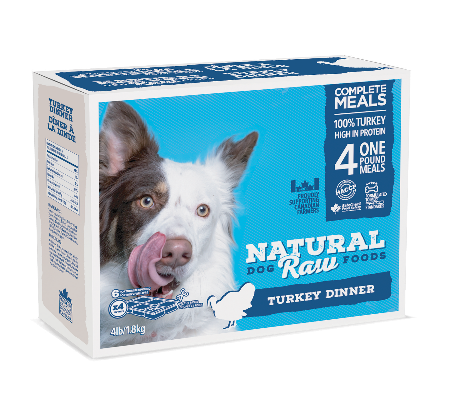 Image of Turkey Dinner Product:
"Natural Raw Dog Foods Turkey Dinner, made with turkey leg, neck, and wing, along with turkey liver and heart, sweet potatoes, apples, carrots, zucchini, broccoli, spinach, and sunflower seeds, providing a nutrient-packed, balanced raw meal for dogs." raw dog food