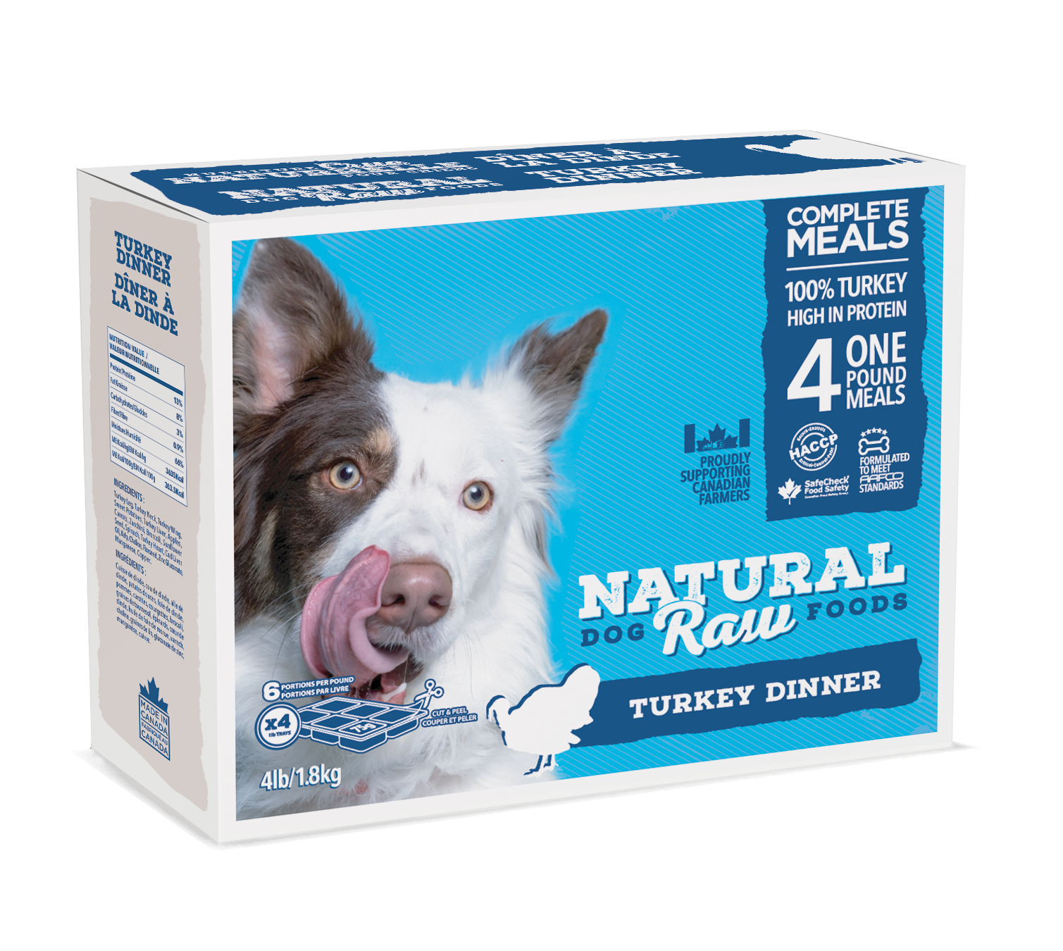 Image of Turkey Dinner Product:
"Natural Raw Dog Foods Turkey Dinner, made with turkey leg, neck, and wing, along with turkey liver and heart, sweet potatoes, apples, carrots, zucchini, broccoli, spinach, and sunflower seeds, providing a nutrient-packed, balanced raw meal for dogs." raw dog food